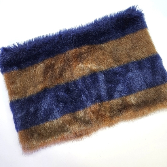 NEW Loft Faux Fur Navy & Brown Wide Stripe Infinity Scarf Neck Warmer - Picture 1 of 6